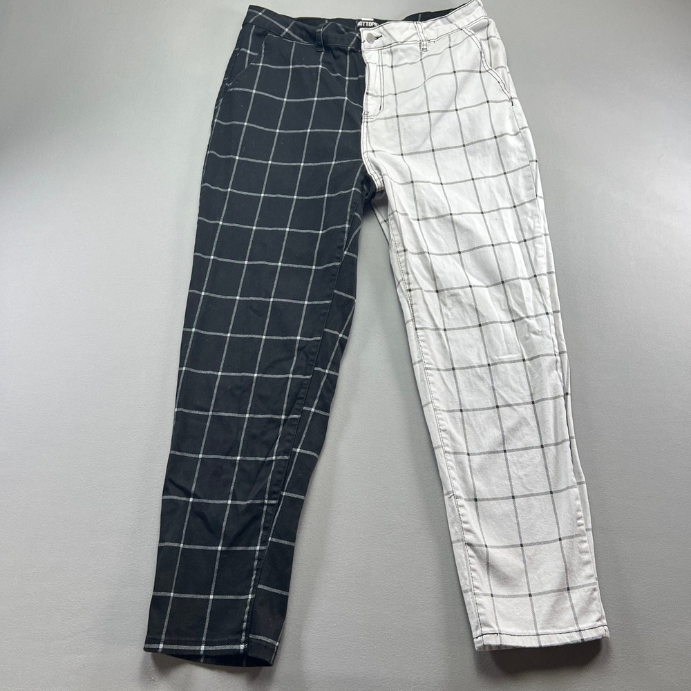 Hot Topic Denim Pants Womens 1 Black White Plaid Split Cotton Stretch High Rise